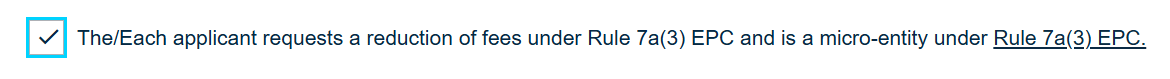 Rule 7a(3) EPC mikro işletme beyanı kutusu